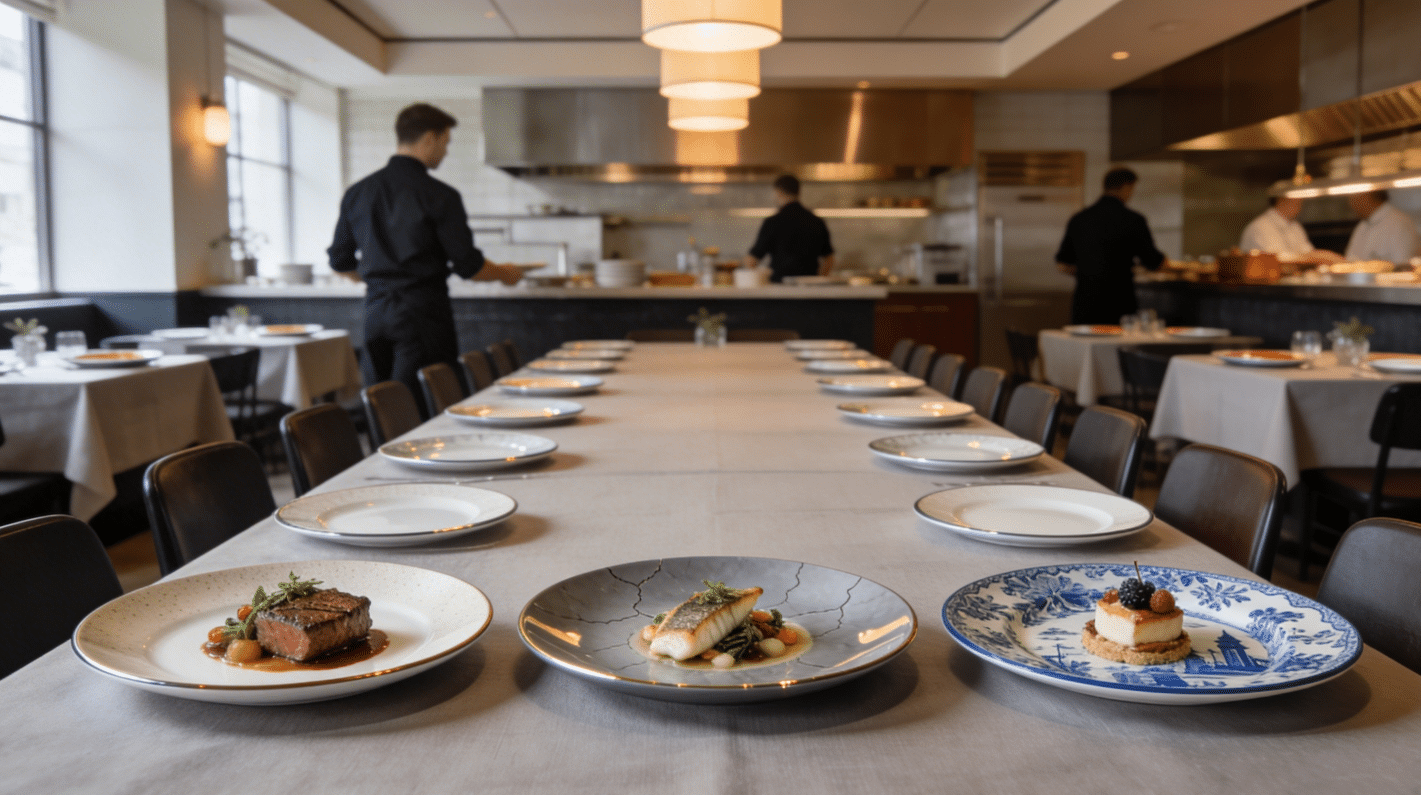 de la vaisselle churchill sur une table au restaurant